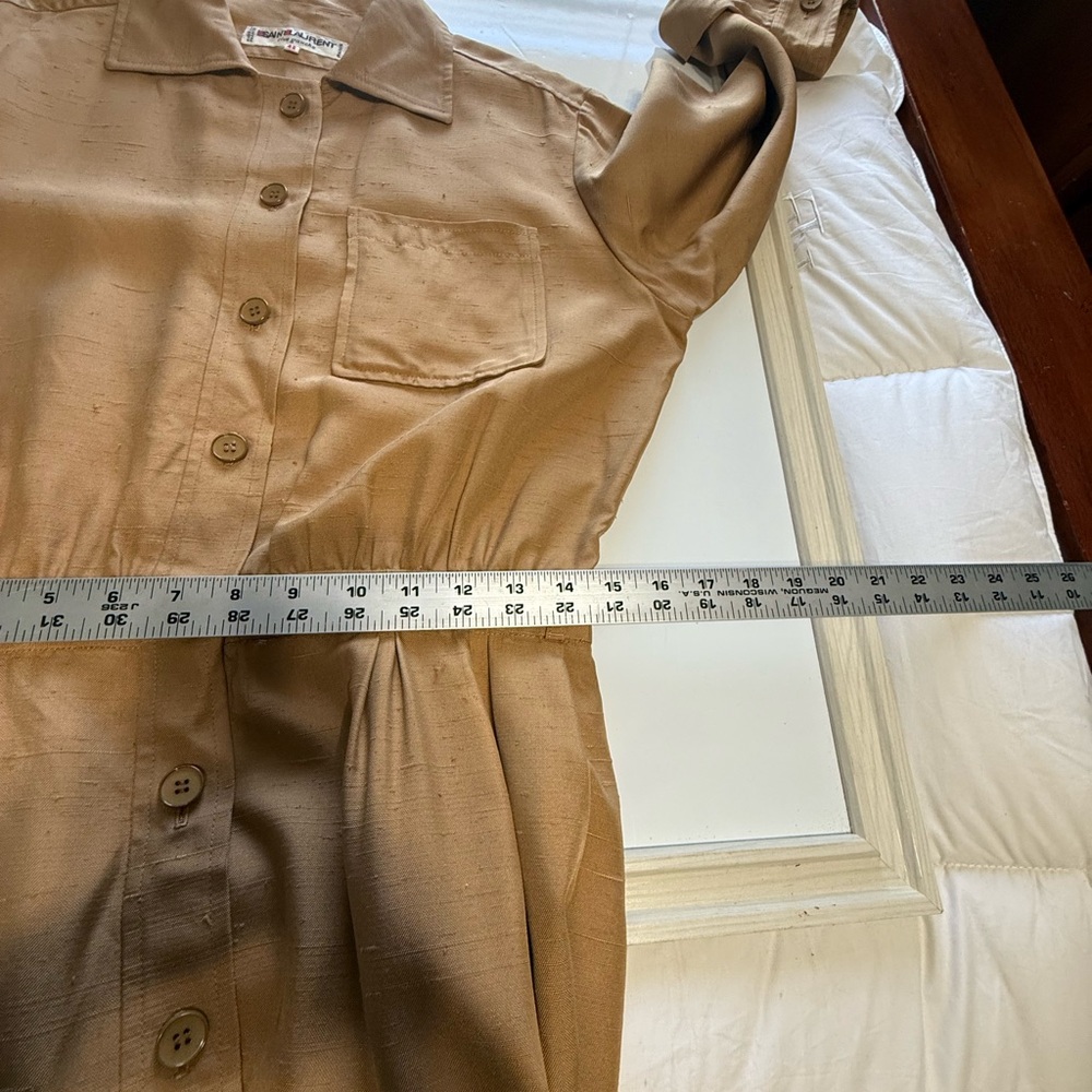 Vintage YSL Rive Gauche Tan Raw Silk Shirt Dress FR 42 US 8/10 - Picture 11 of 15